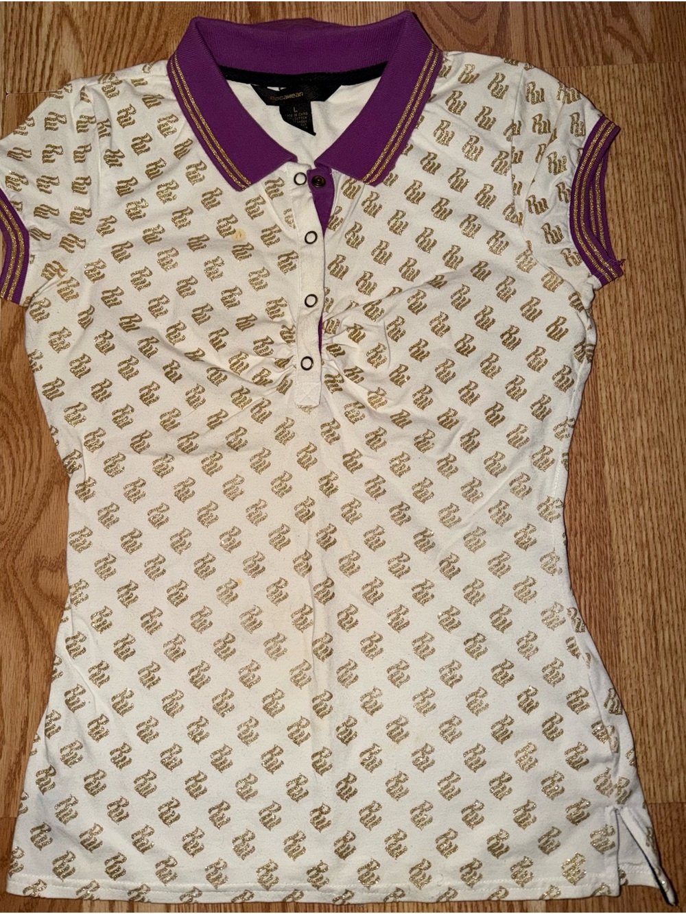 Rocawear White Polo Top with Purple Trim and Gold Monogram